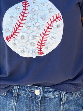 Queen of Sparkles Flower Baseball tee Tshirt Navy Medium NWT M